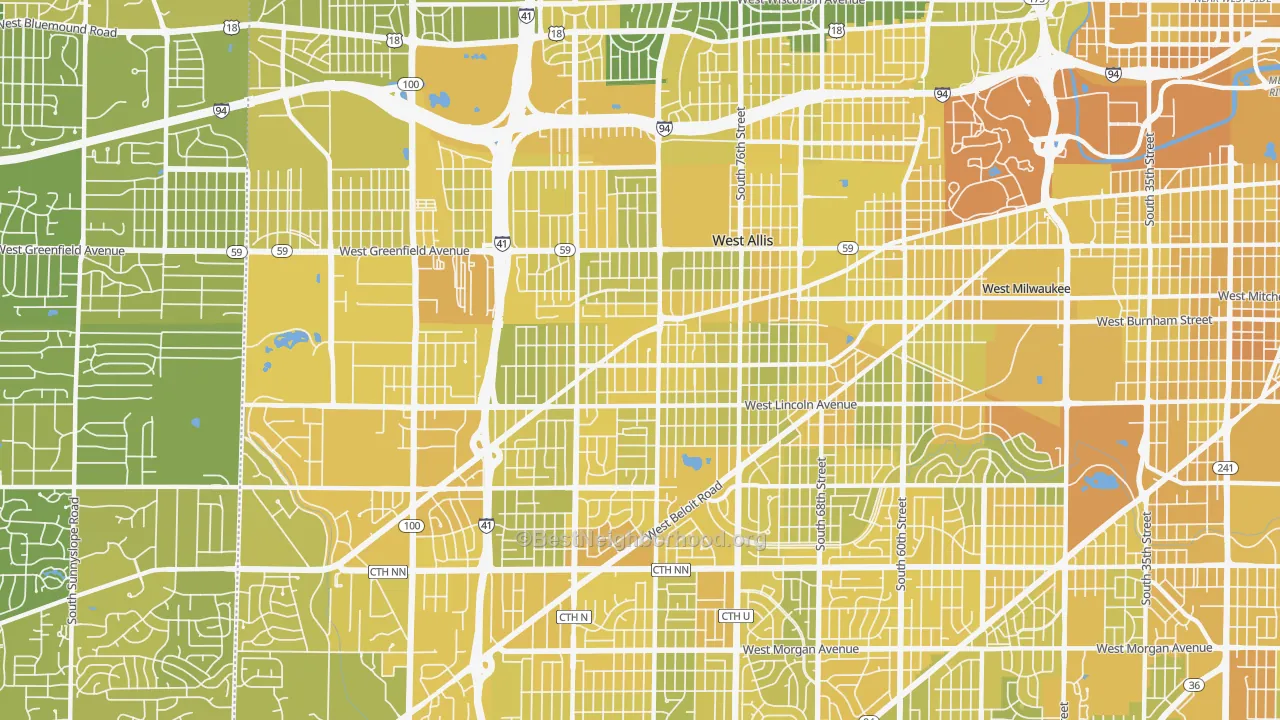 Map of the best neighborhoods in the West Allis area, with better matches in green and worse matches in red
