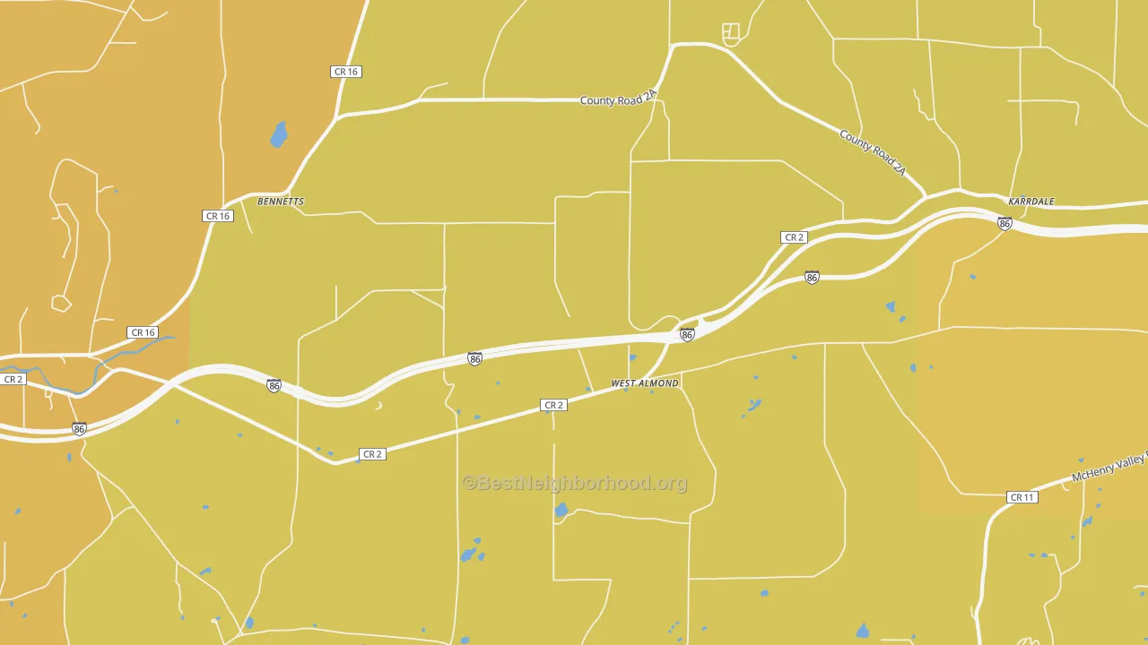 Map of the best neighborhoods in the West Almond area, with better matches in green and worse matches in red