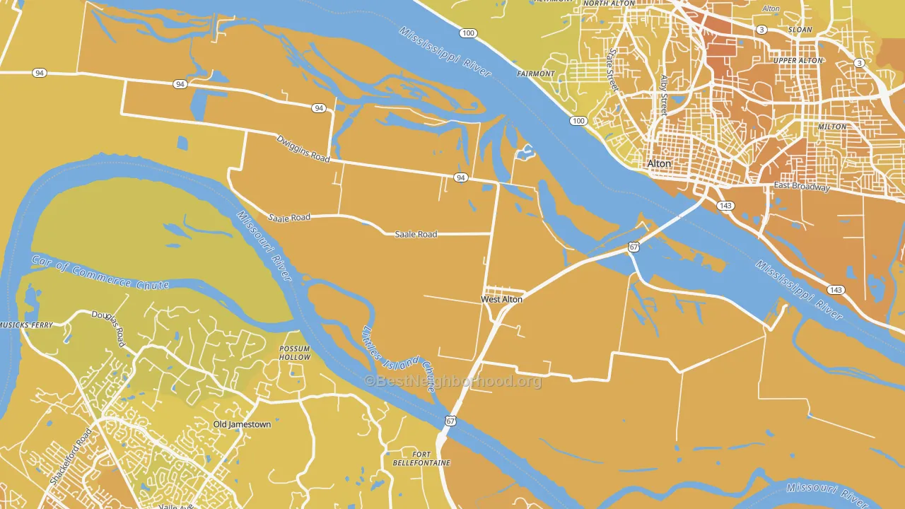 Map of the best neighborhoods in the West Alton area, with better matches in green and worse matches in red