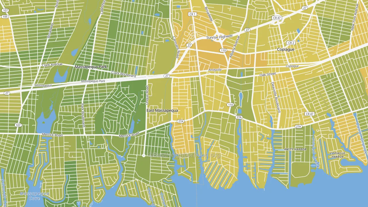 Map of the best neighborhoods in the West Amityville, East Massapequa area, with better matches in green and worse matches in red