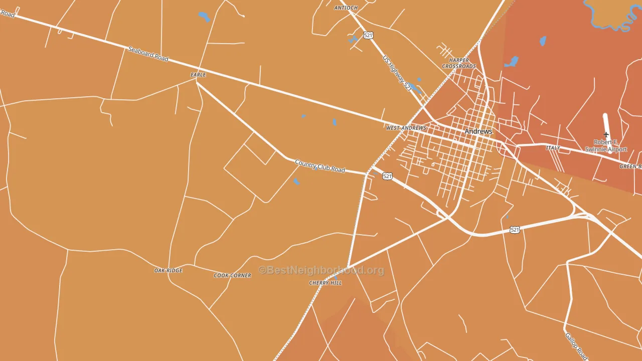 Map of the best neighborhoods in the West Andrews area, with better matches in green and worse matches in red