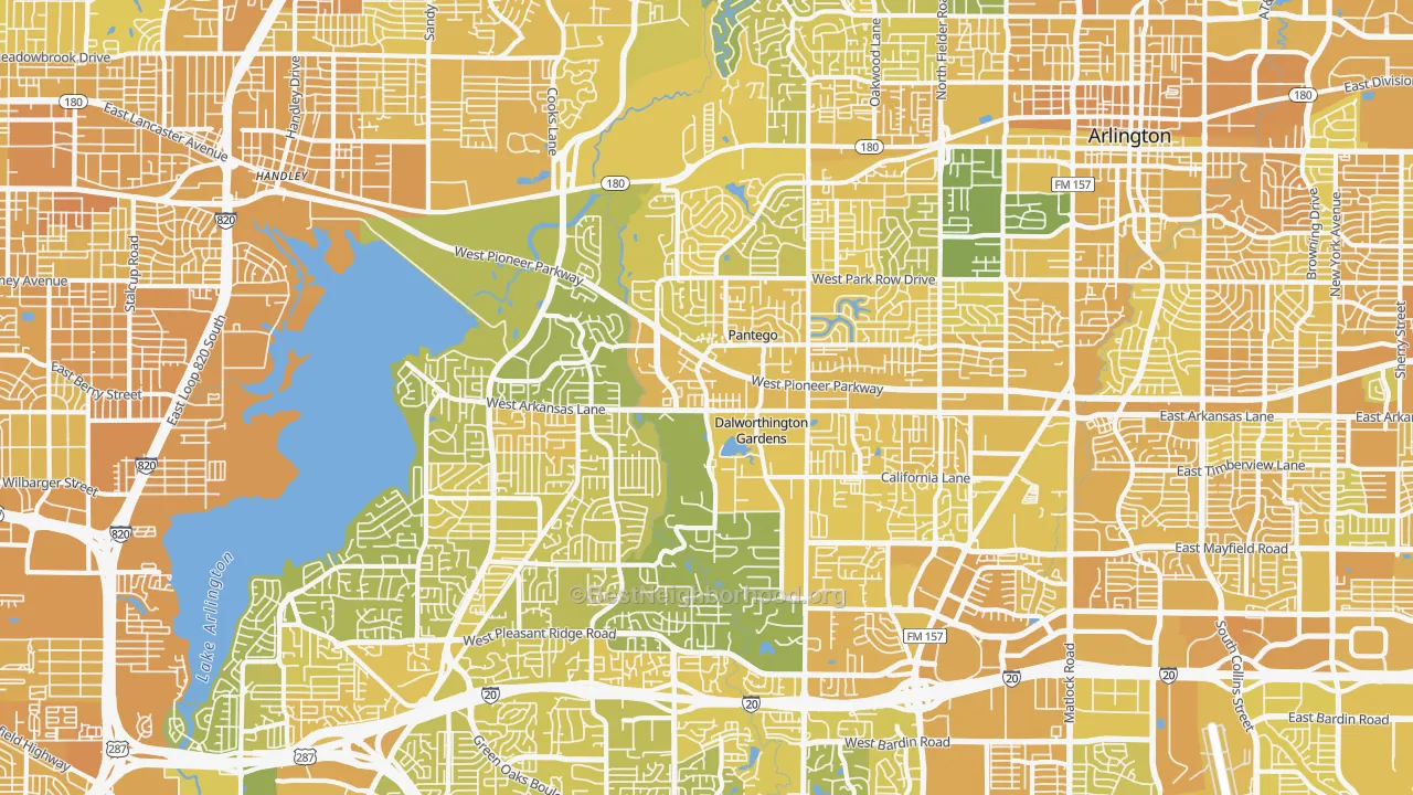 Map of the best neighborhoods in the West, Arlington area, with better matches in green and worse matches in red
