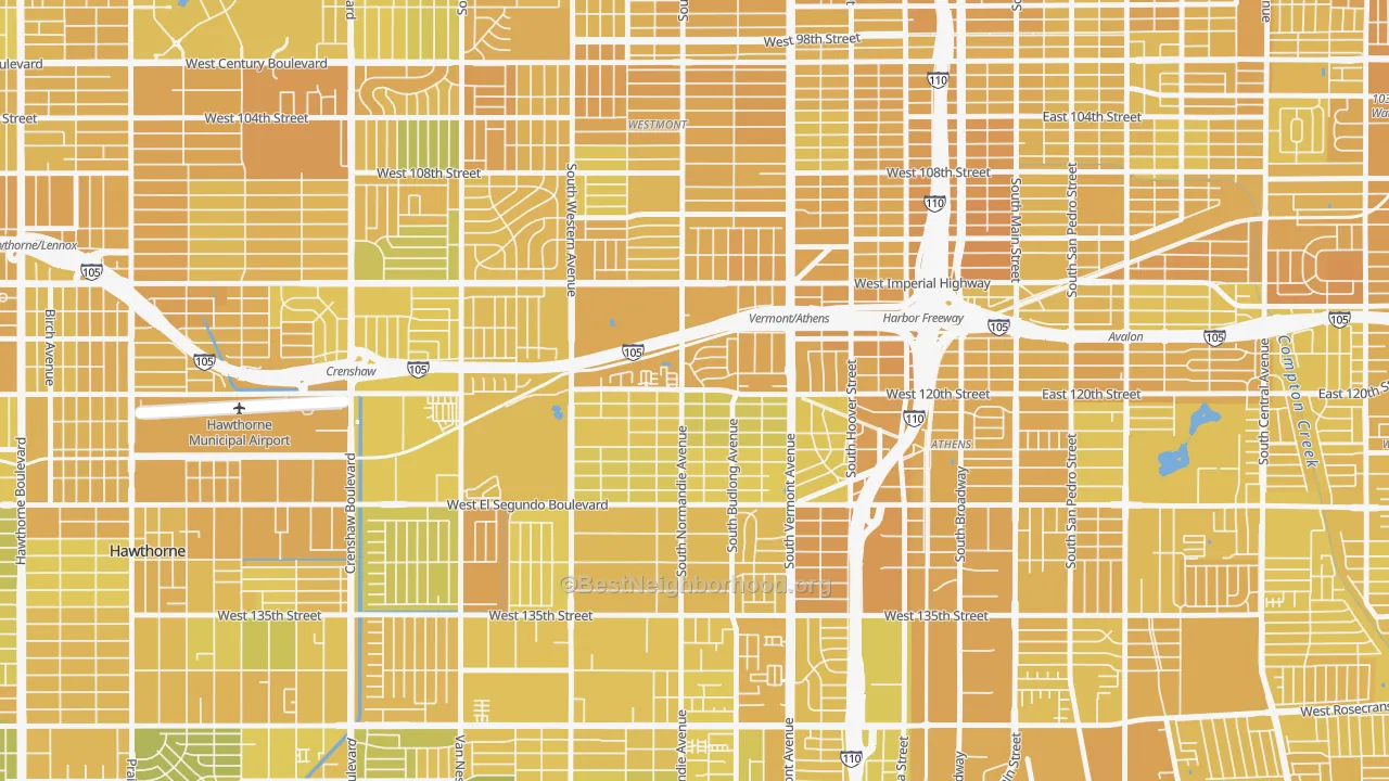 Map of the best neighborhoods in the West Athens area, with better matches in green and worse matches in red