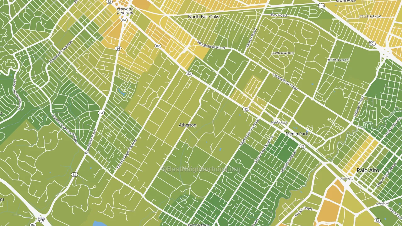 Map of the best neighborhoods in the West Atherton, Atherton area, with better matches in green and worse matches in red