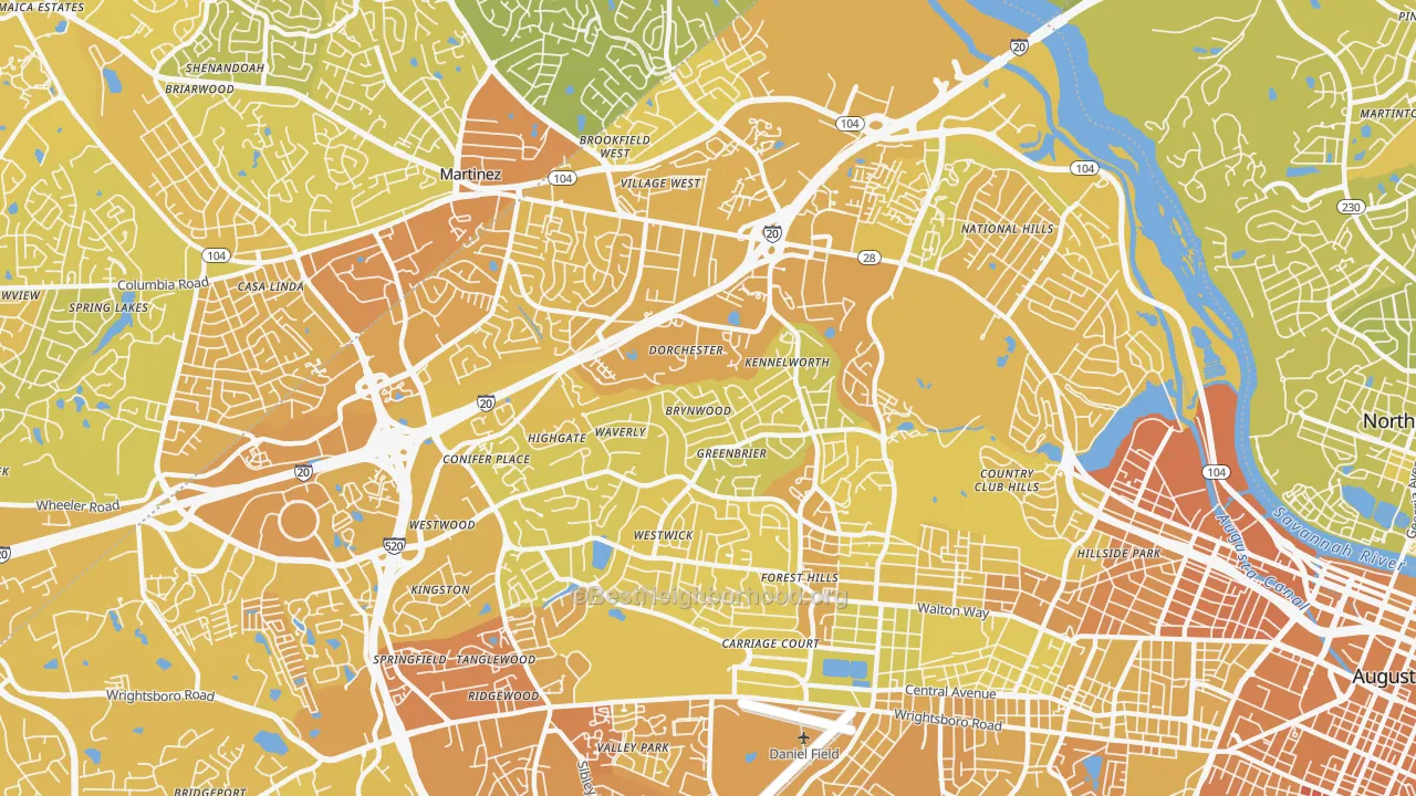 Map of the best neighborhoods in the West Augusta, Augusta area, with better matches in green and worse matches in red