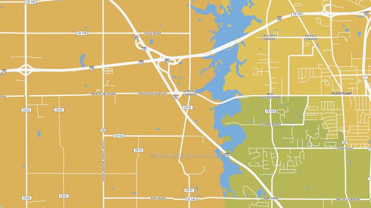 Map of the best neighborhoods in the West Austintown area, with better matches in green and worse matches in red