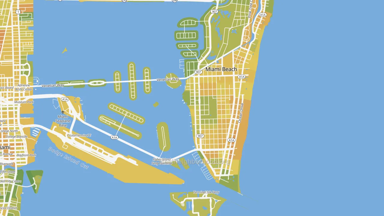 Map of the best neighborhoods in the West Avenue, Miami Beach area, with better matches in green and worse matches in red