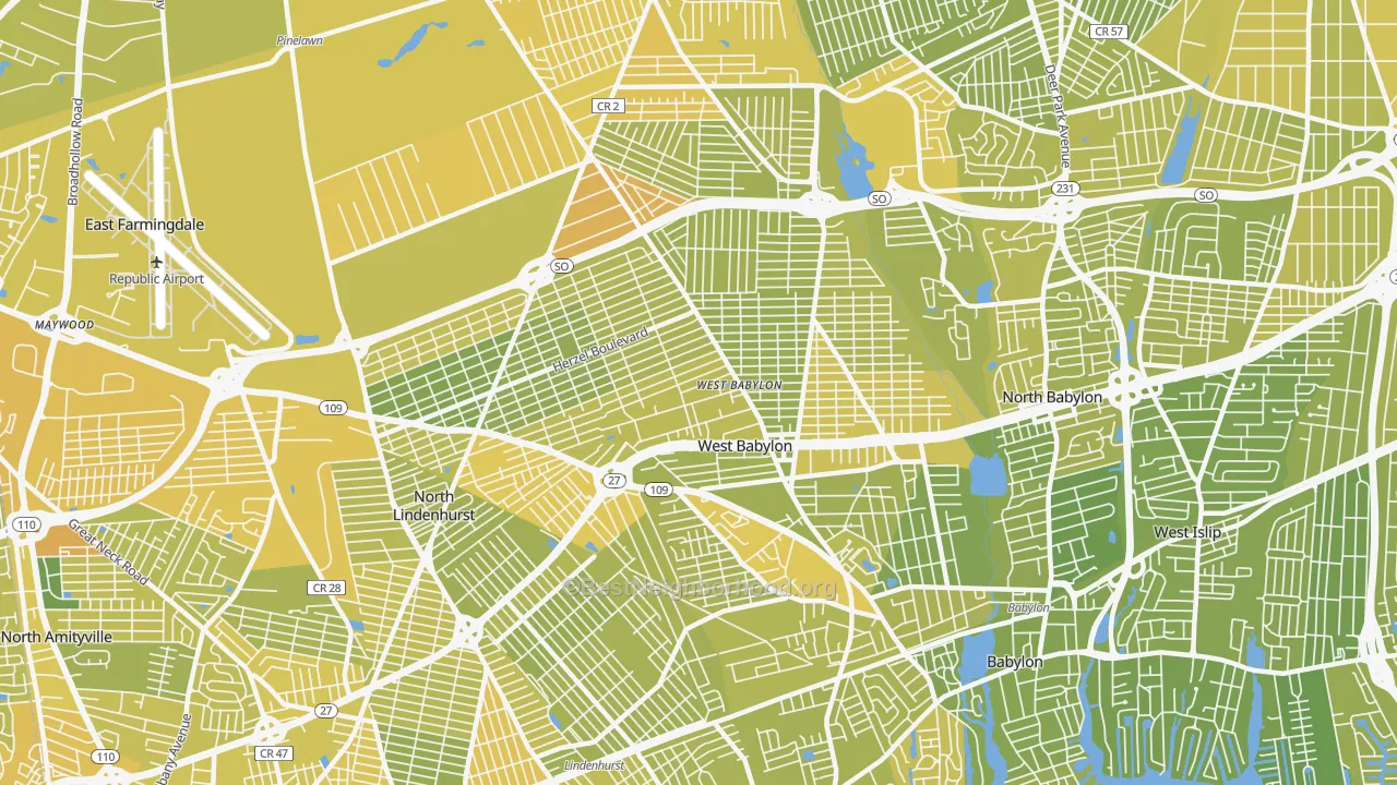 Map of the best neighborhoods in the West Babylon area, with better matches in green and worse matches in red
