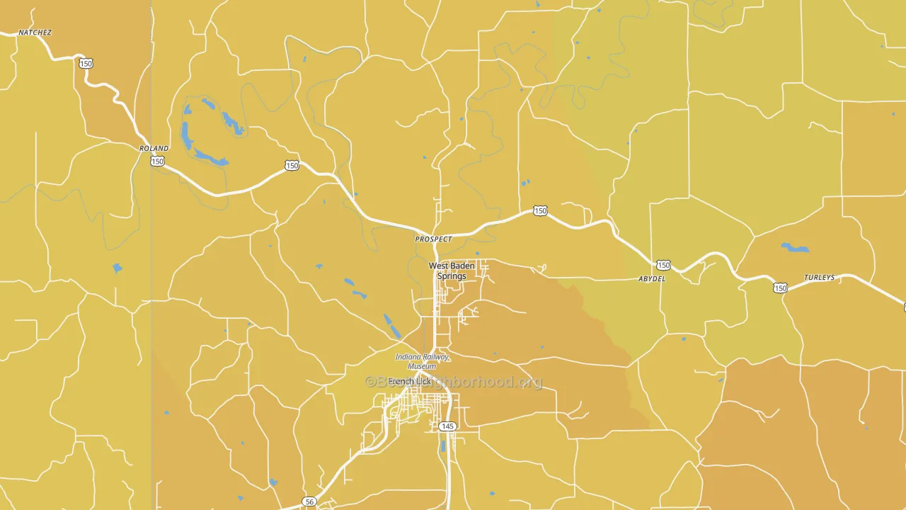 Map of the best neighborhoods in the West Baden Springs area, with better matches in green and worse matches in red
