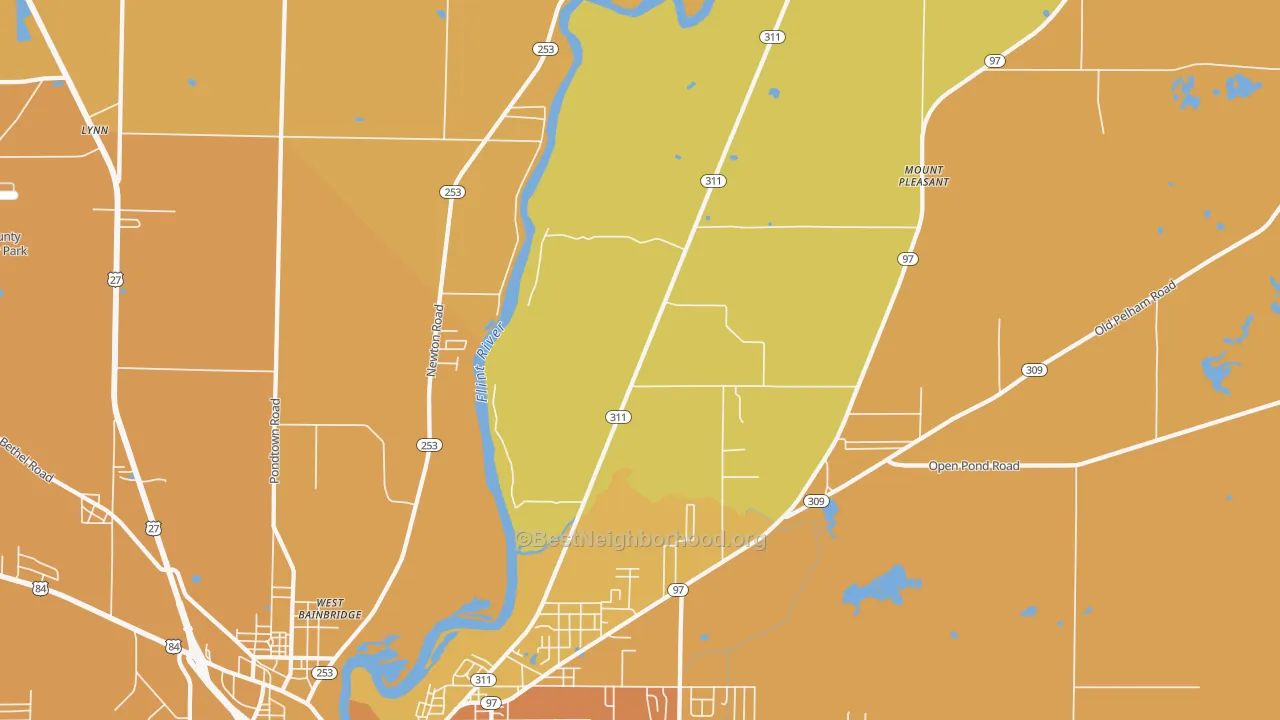 Map of the best neighborhoods in the West Bainbridge area, with better matches in green and worse matches in red