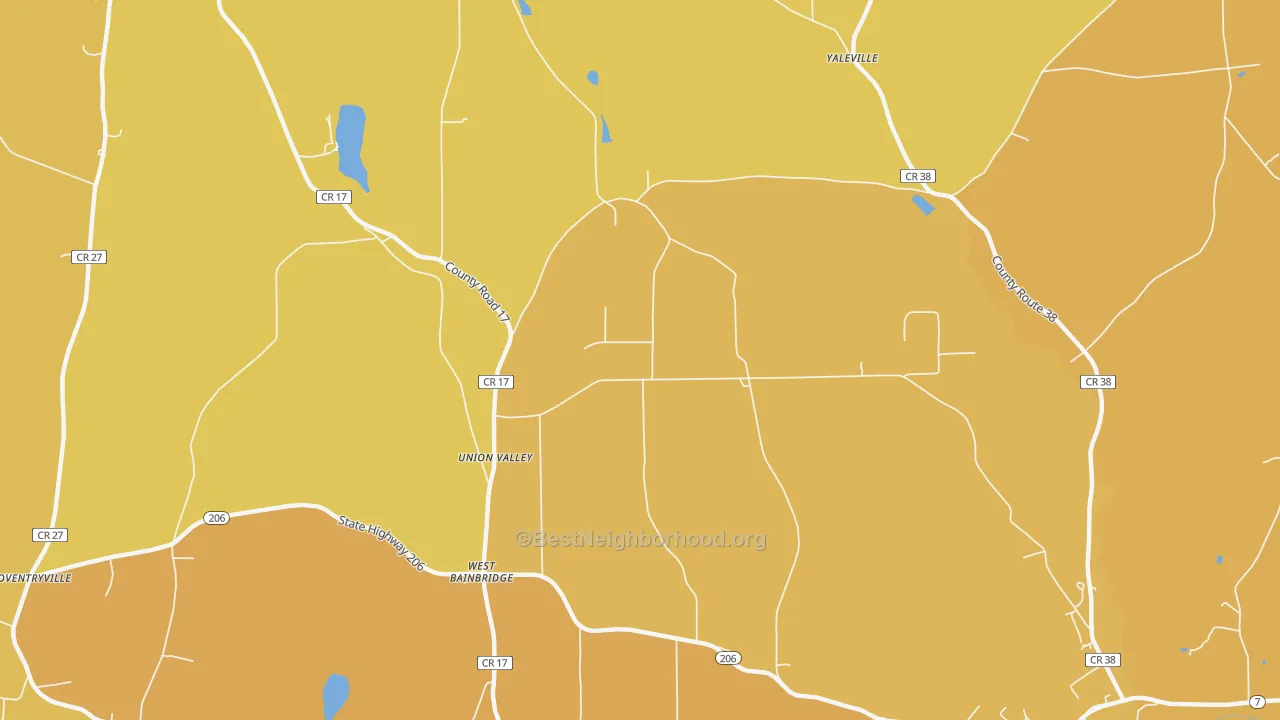 Map of the best neighborhoods in the West Bainbridge area, with better matches in green and worse matches in red