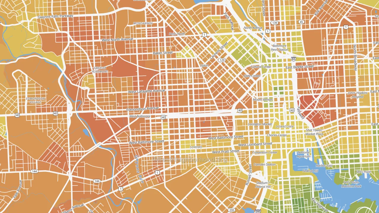 Map of the best neighborhoods in the West Baltimore, Baltimore area, with better matches in green and worse matches in red