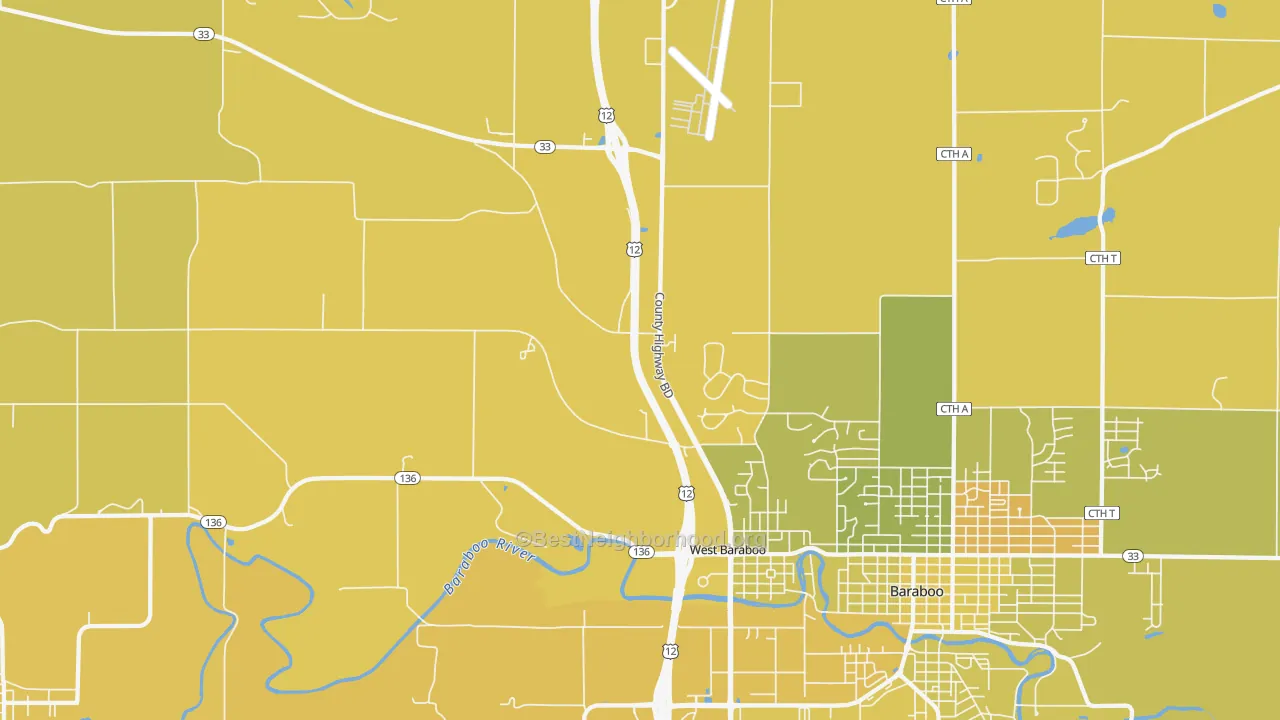 Map of the best neighborhoods in the West Baraboo area, with better matches in green and worse matches in red