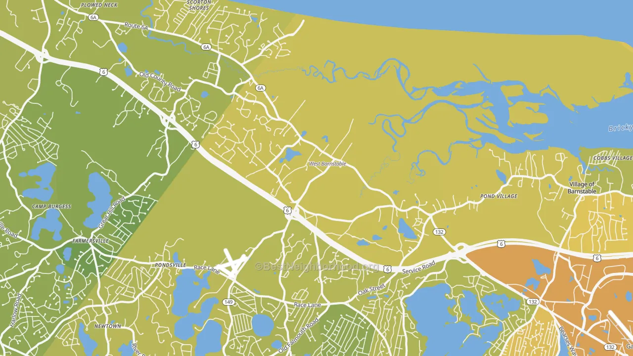Map of the best neighborhoods in the West Barnstable area, with better matches in green and worse matches in red