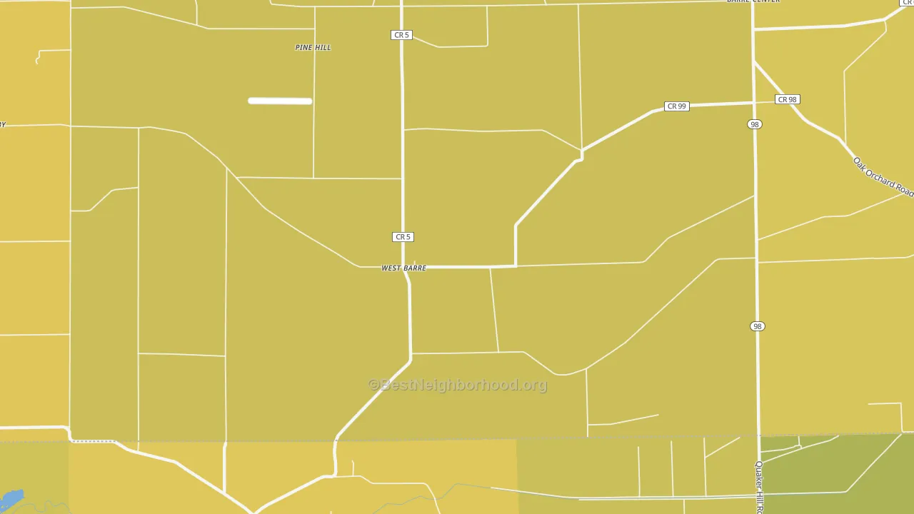 Map of the best neighborhoods in the West Barre area, with better matches in green and worse matches in red