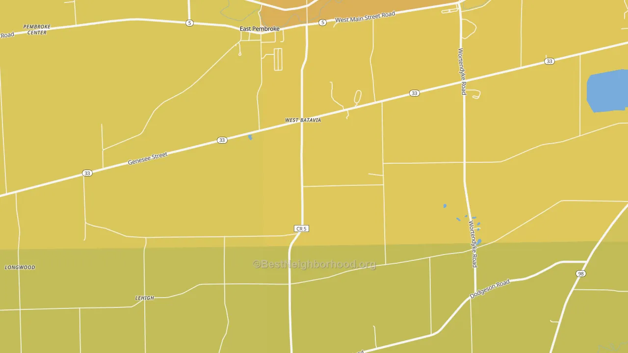 Map of the best neighborhoods in the West Batavia area, with better matches in green and worse matches in red