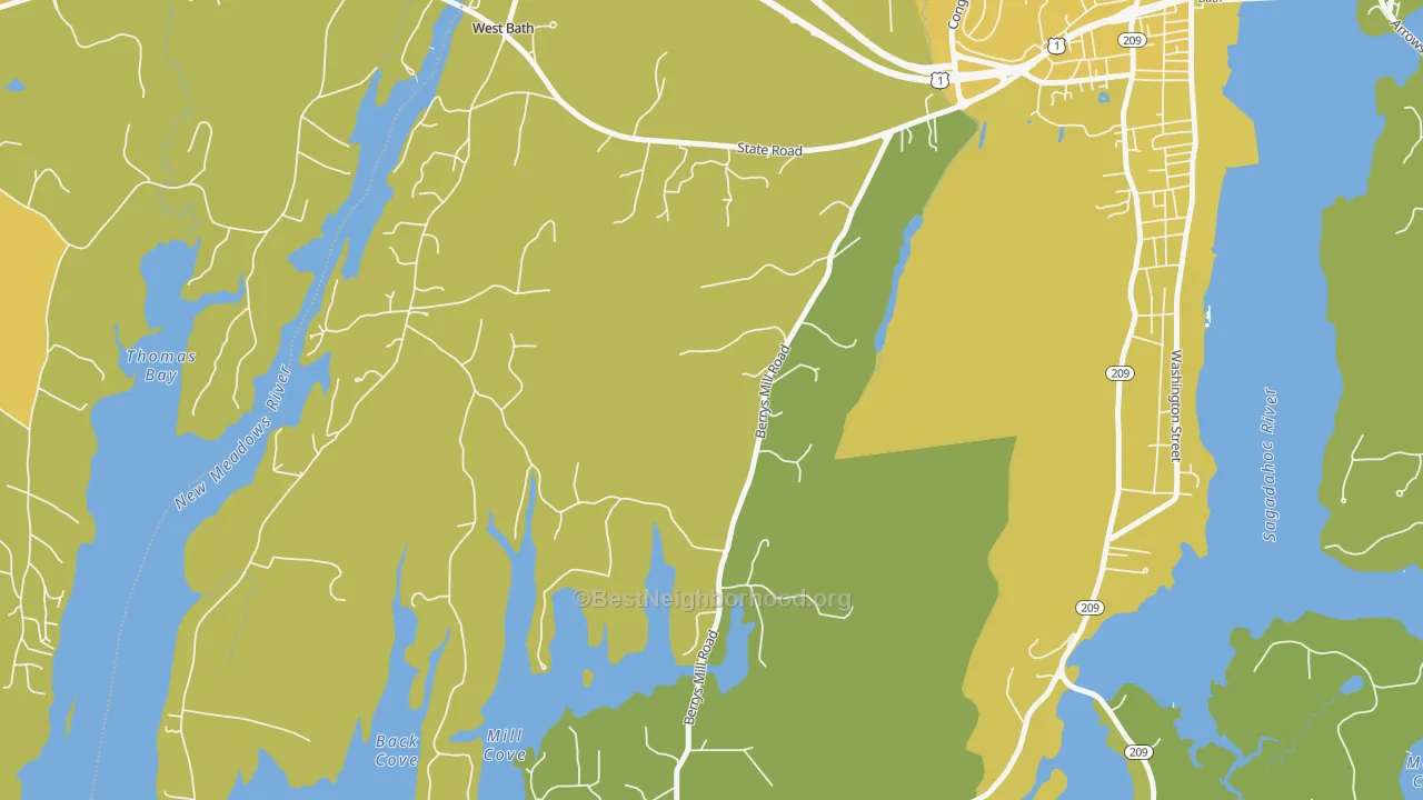 Map of the best neighborhoods in the West Bath area, with better matches in green and worse matches in red