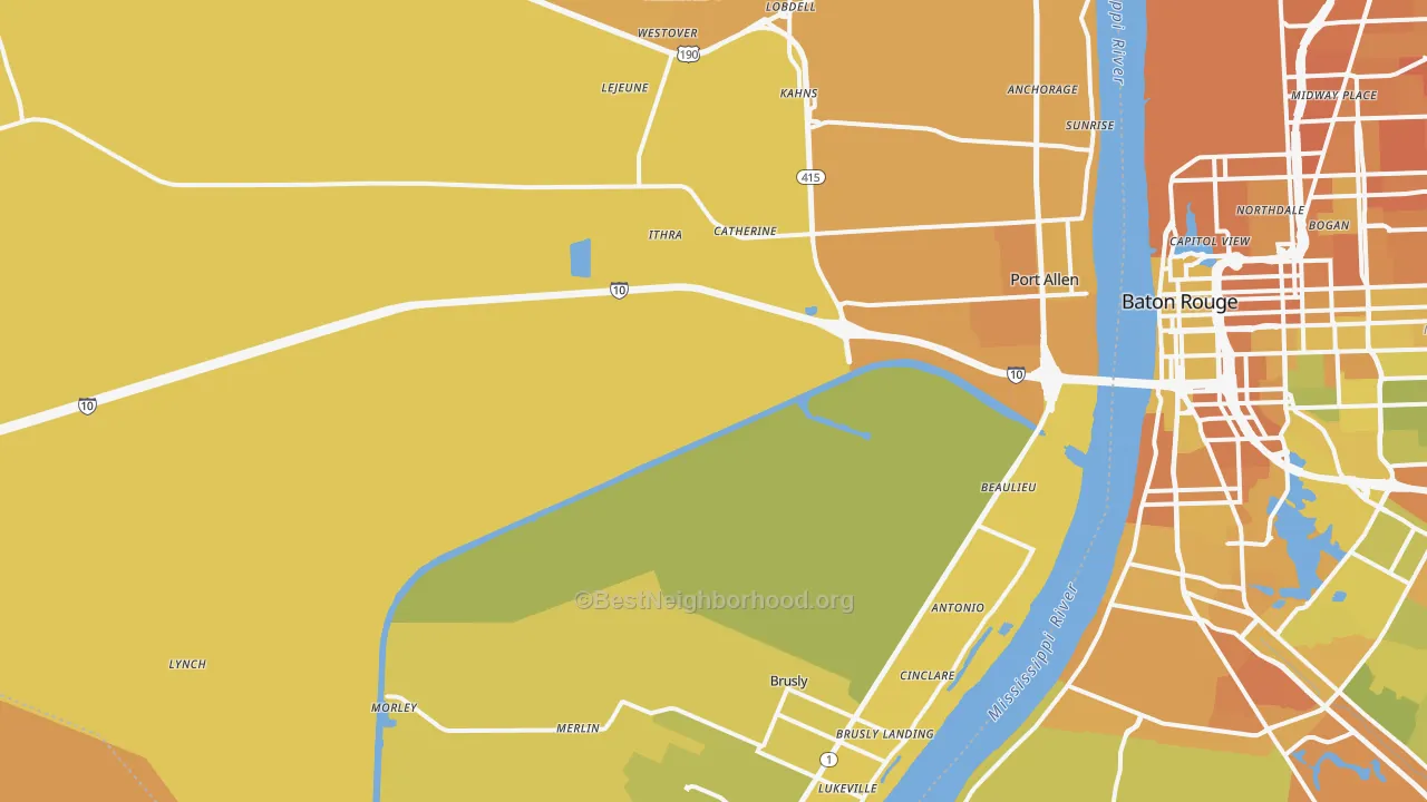 Map of the best neighborhoods in the West Baton Rouge Parish area, with better matches in green and worse matches in red