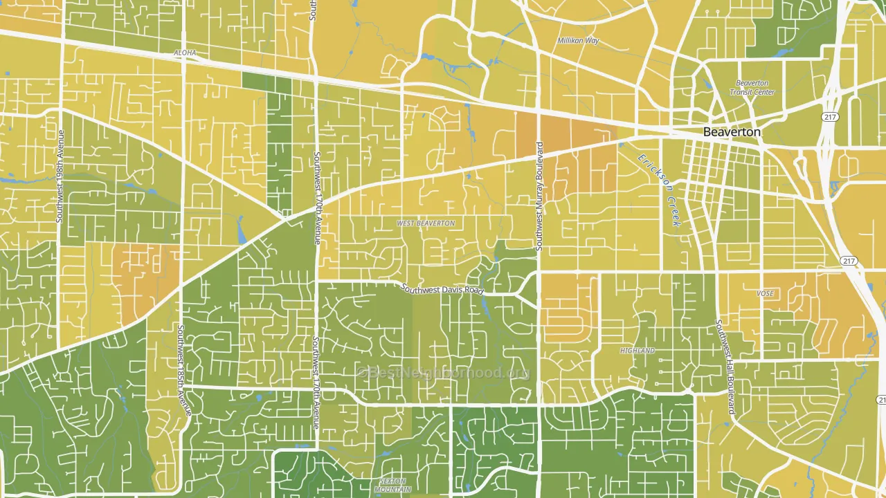 Map of the best neighborhoods in the West Beaverton, Beaverton area, with better matches in green and worse matches in red