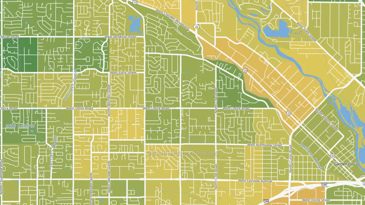Map of the best neighborhoods in the West Bench, Boise area, with better matches in green and worse matches in red