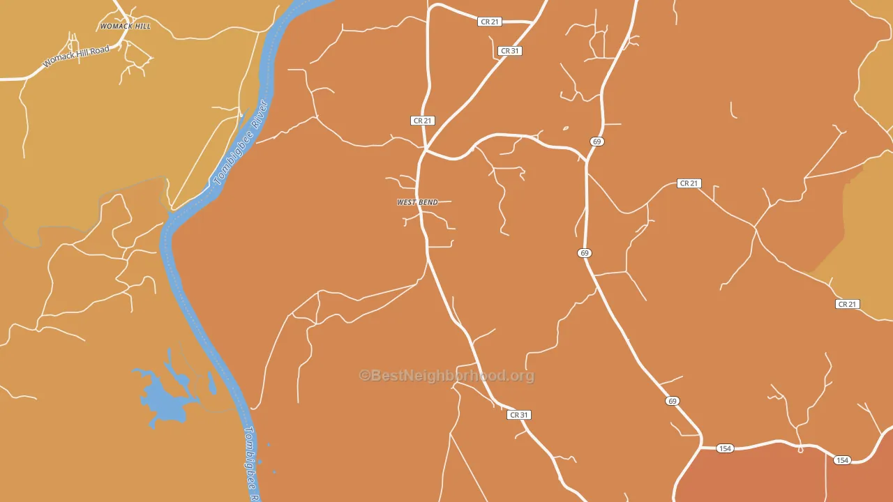 Map of the best neighborhoods in the West Bend area, with better matches in green and worse matches in red