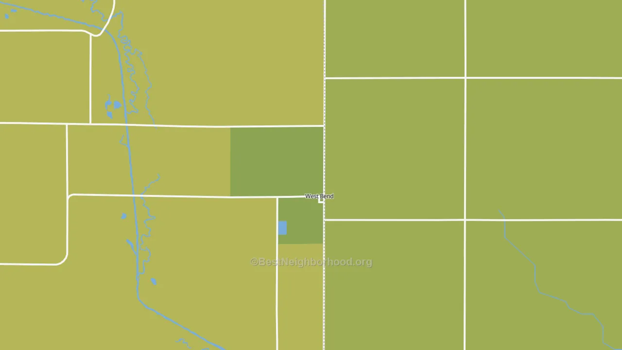 Map of the best neighborhoods in the West Bend area, with better matches in green and worse matches in red