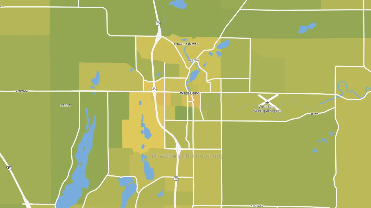 Map of the best neighborhoods in the West Bend area, with better matches in green and worse matches in red