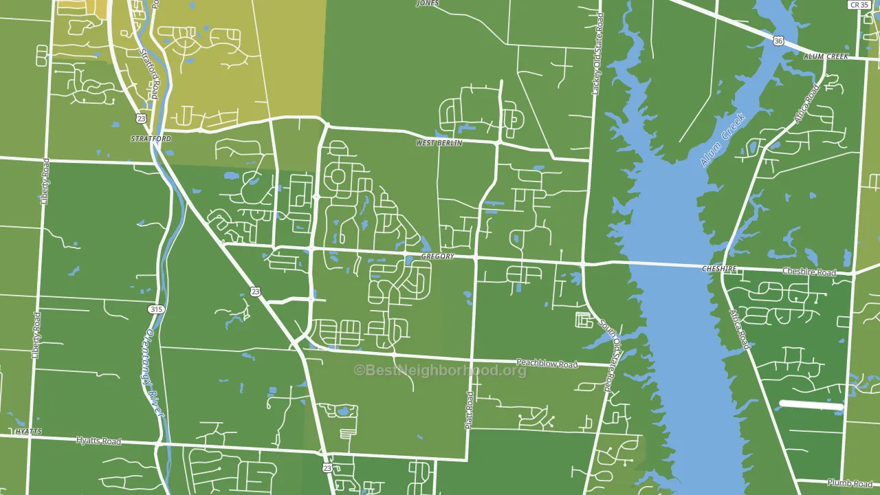 Map of the best neighborhoods in the West Berlin area, with better matches in green and worse matches in red