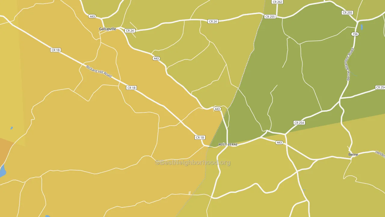 Map of the best neighborhoods in the West Berne area, with better matches in green and worse matches in red