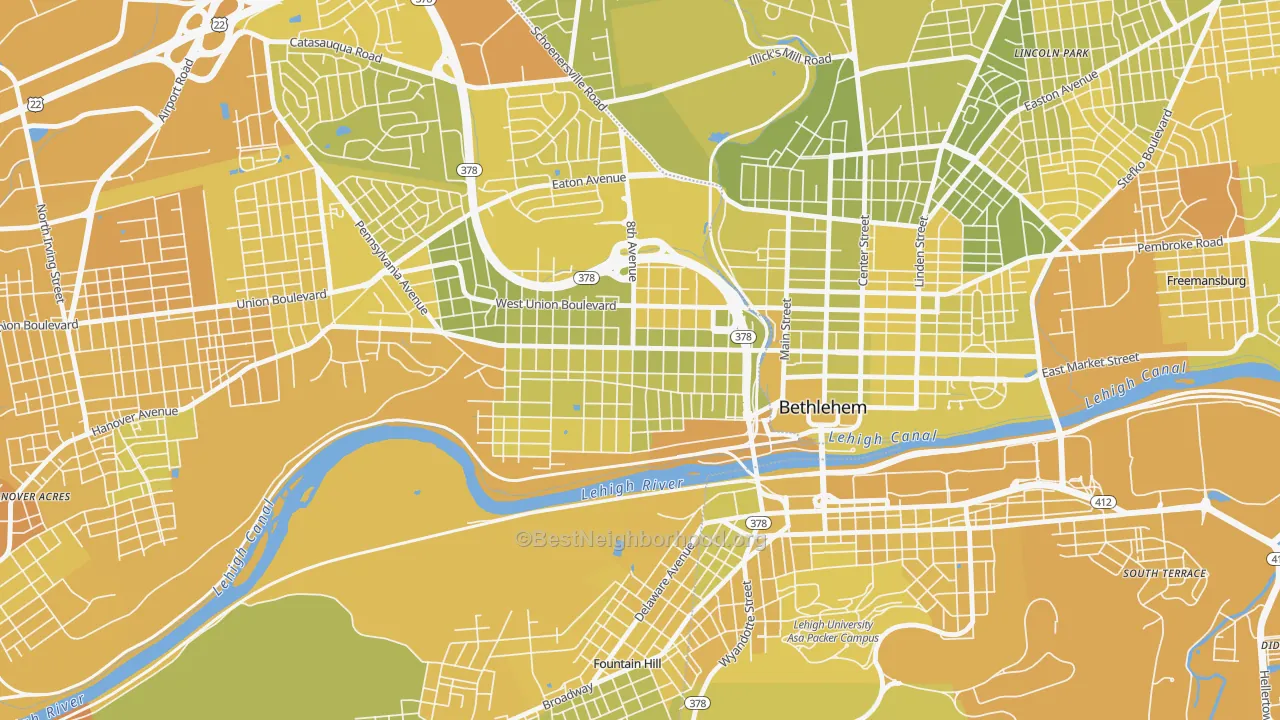 Map of the best neighborhoods in the West Bethlehem, Bethlehem area, with better matches in green and worse matches in red
