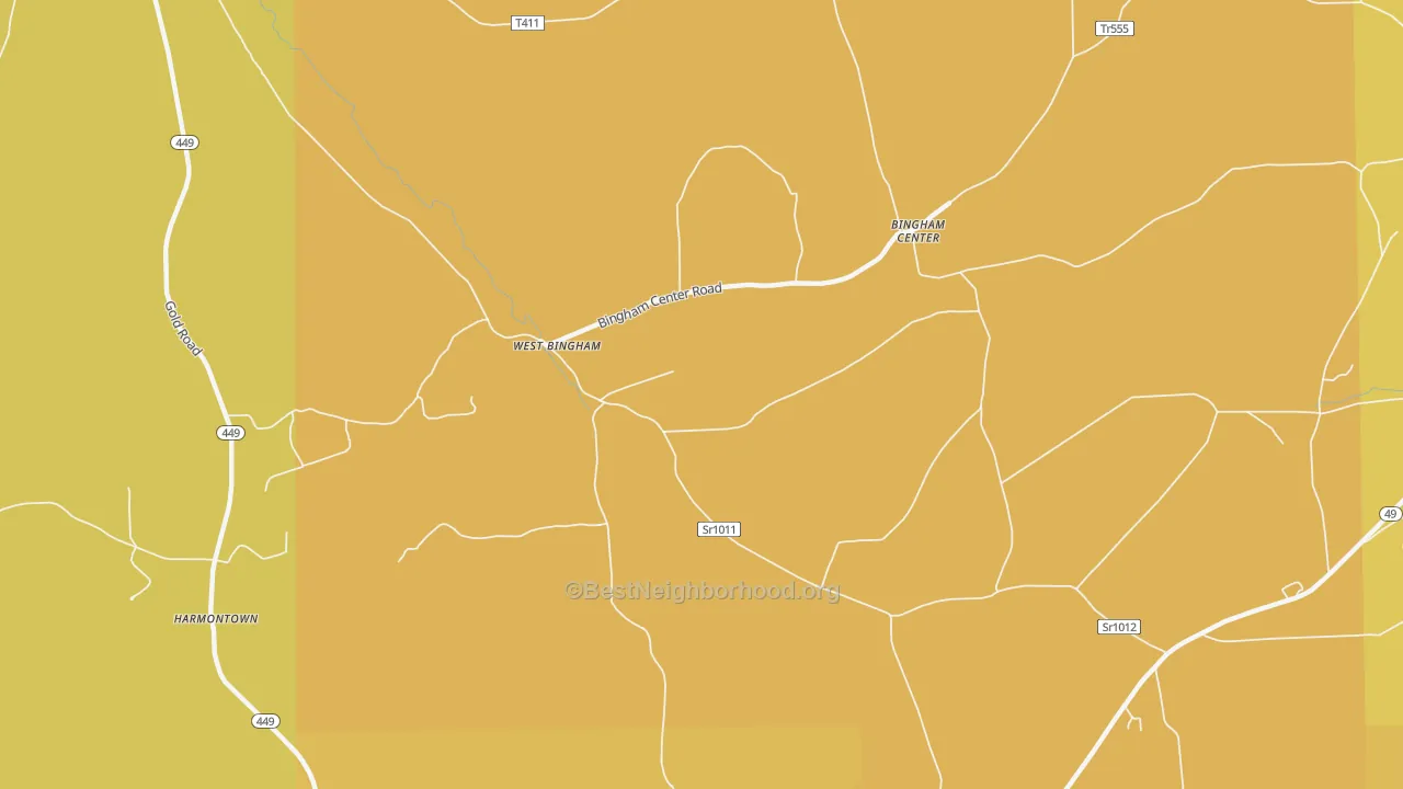 Map of the best neighborhoods in the West Bingham area, with better matches in green and worse matches in red