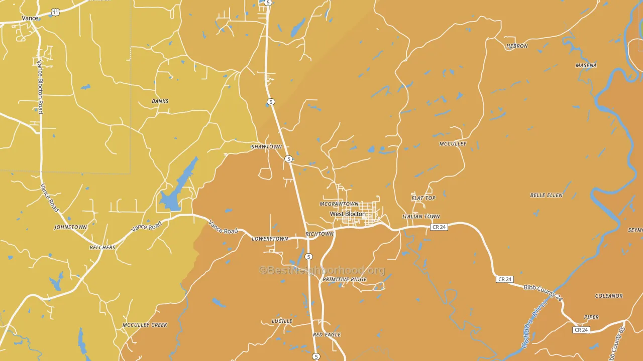 Map of the best neighborhoods in the West Blocton area, with better matches in green and worse matches in red