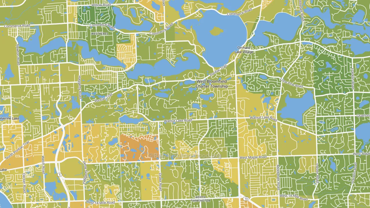 Map of the best neighborhoods in the West Bloomfield area, with better matches in green and worse matches in red