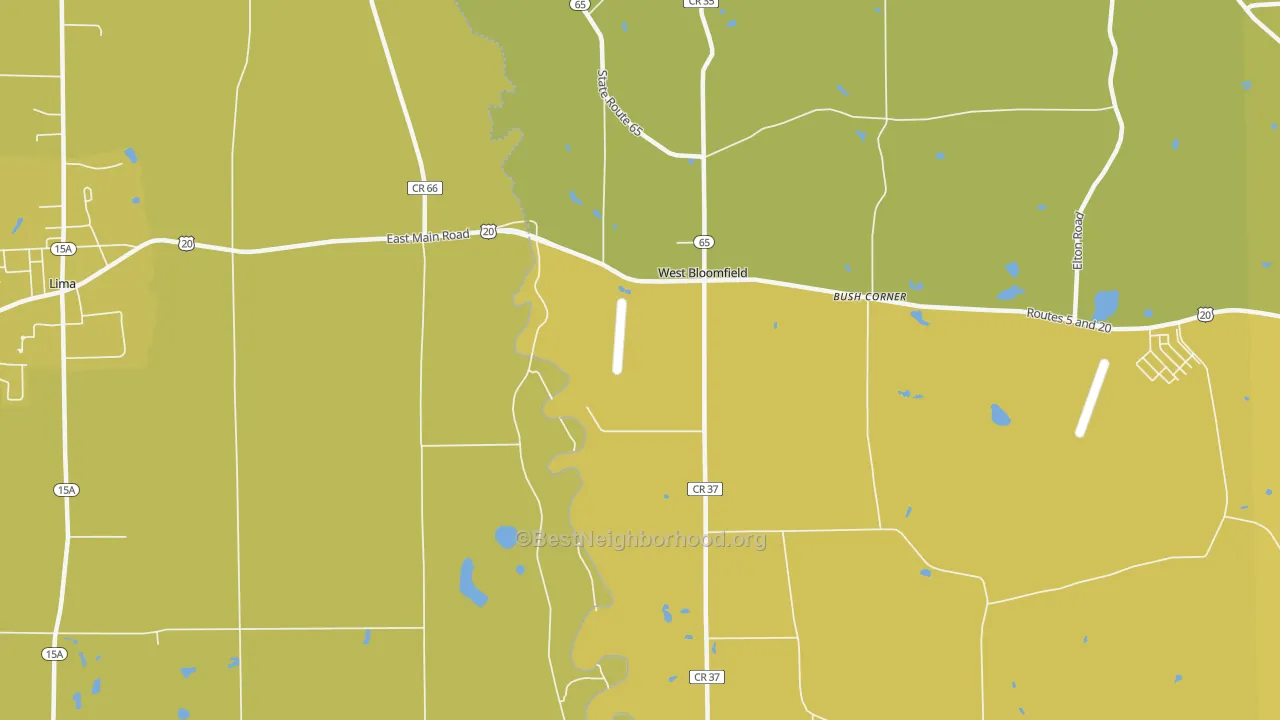 Map of the best neighborhoods in the West Bloomfield area, with better matches in green and worse matches in red
