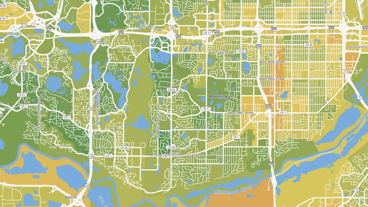 Map of the best neighborhoods in the West Bloomington, Bloomington area, with better matches in green and worse matches in red
