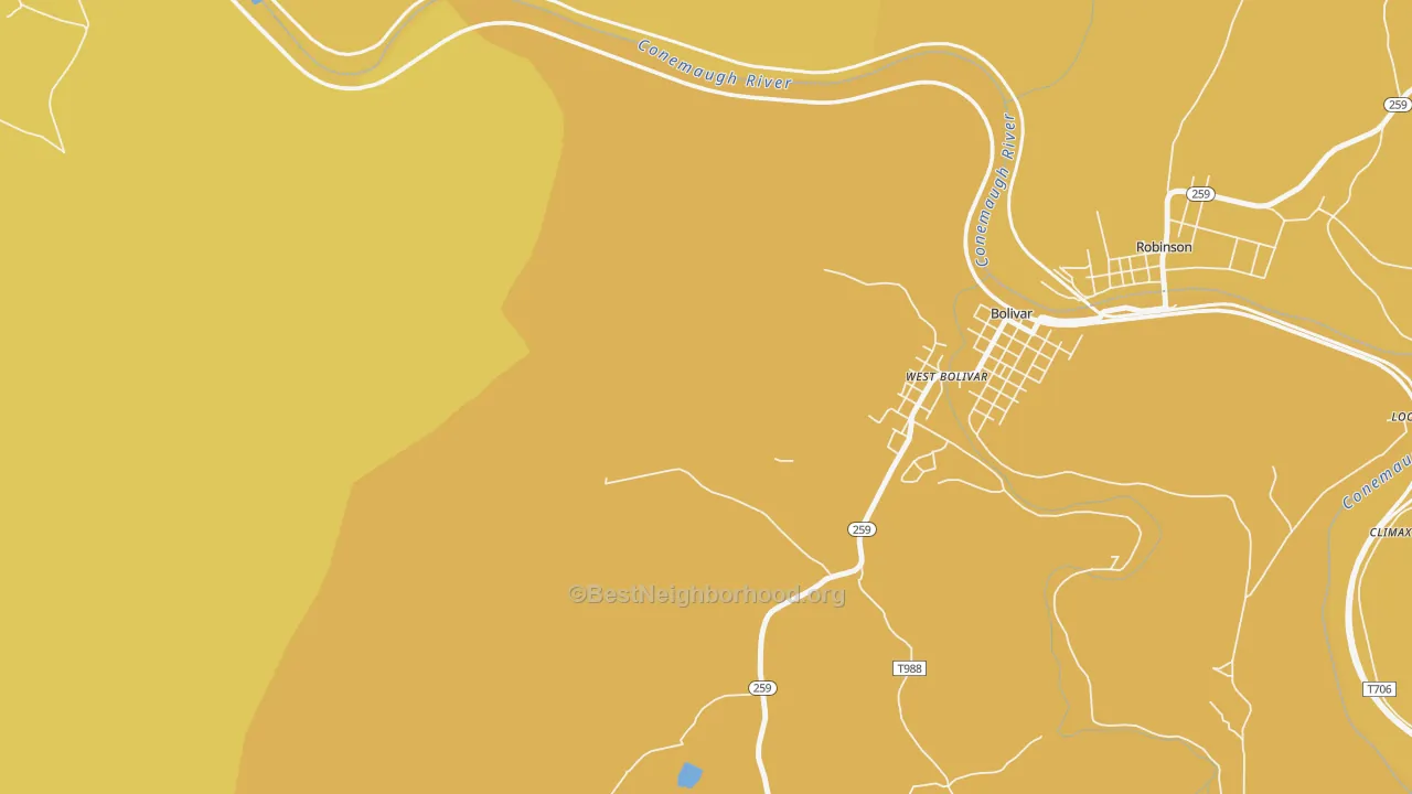 Map of the best neighborhoods in the West Bolivar area, with better matches in green and worse matches in red