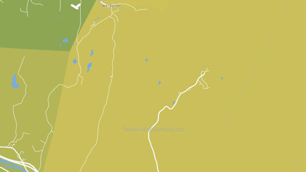 Map of the best neighborhoods in the West Bolton area, with better matches in green and worse matches in red