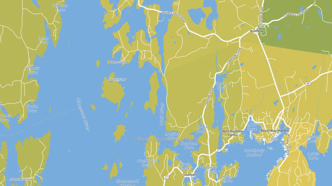 Map of the best neighborhoods in the West Boothbay Harbor area, with better matches in green and worse matches in red