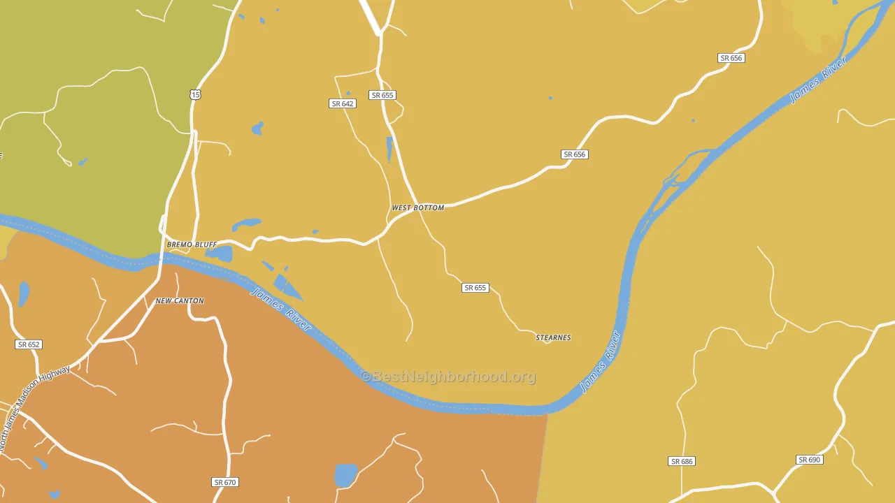 Map of the best neighborhoods in the West Bottom area, with better matches in green and worse matches in red
