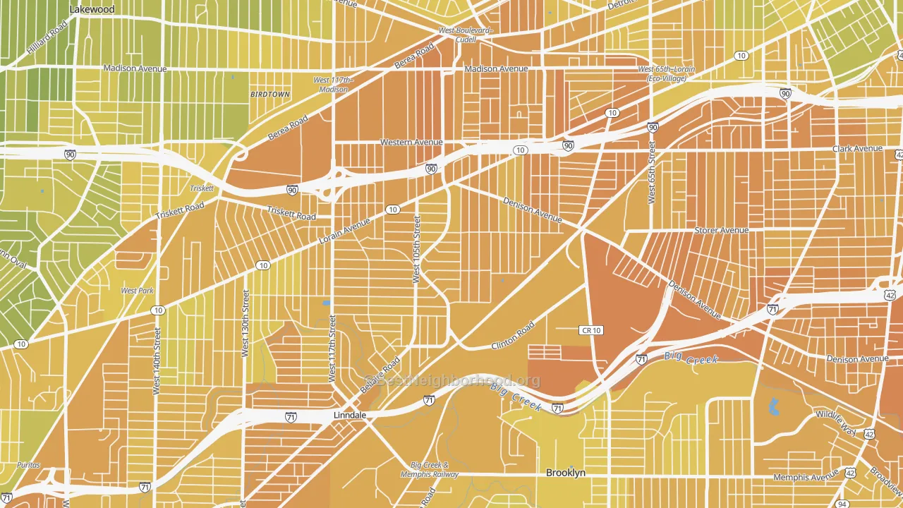 Map of the best neighborhoods in the West Boulevard, Cleveland area, with better matches in green and worse matches in red