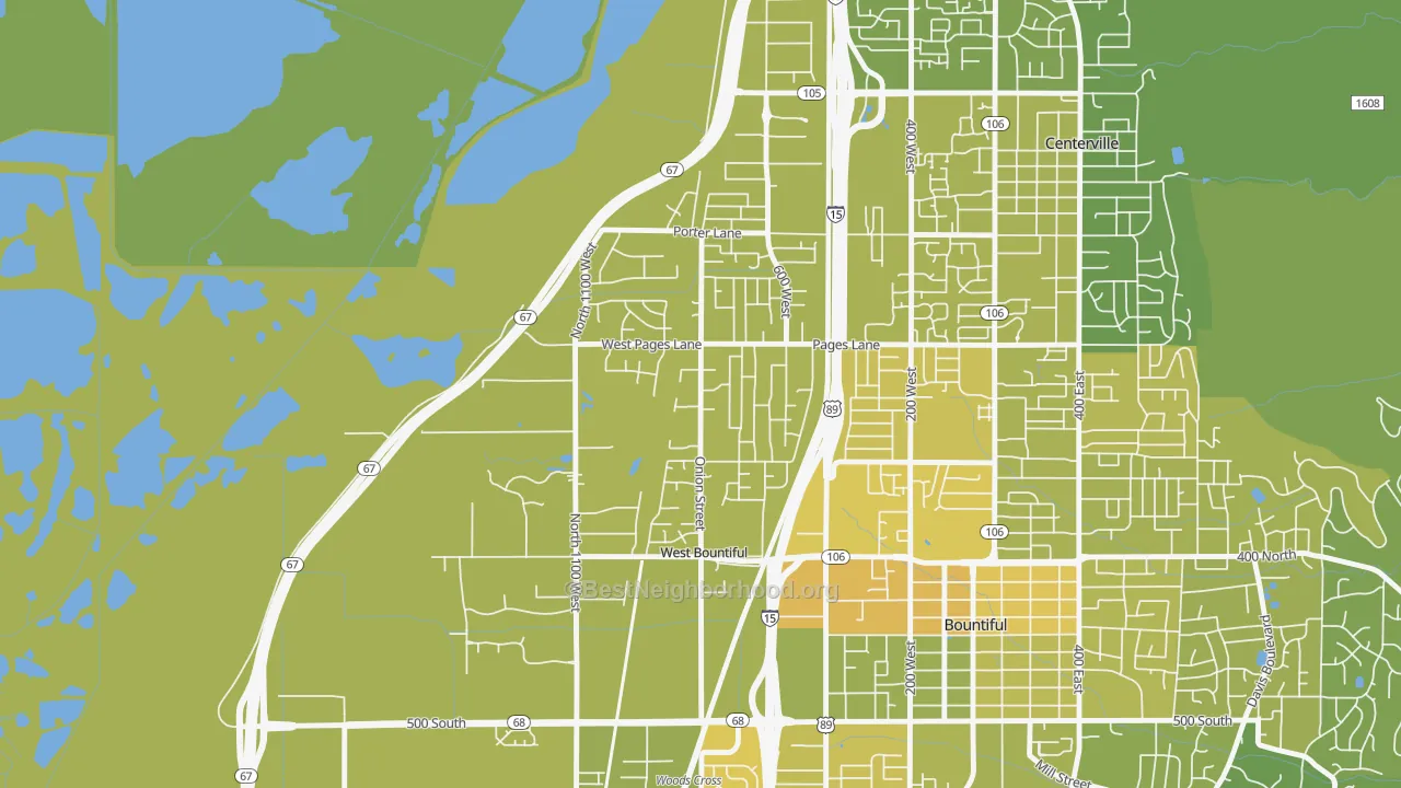 Map of the best neighborhoods in the West Bountiful area, with better matches in green and worse matches in red