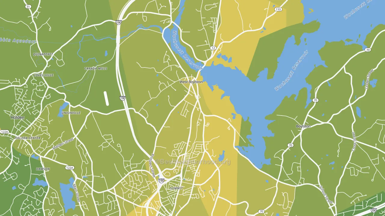 Map of the best neighborhoods in the West Boylston area, with better matches in green and worse matches in red