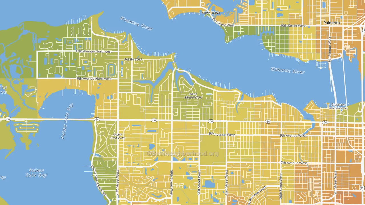 Map of the best neighborhoods in the West Bradenton area, with better matches in green and worse matches in red