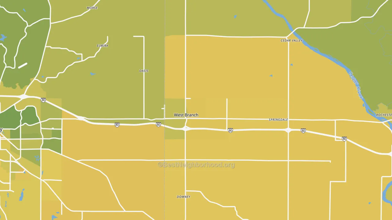 Map of the best neighborhoods in the West Branch area, with better matches in green and worse matches in red