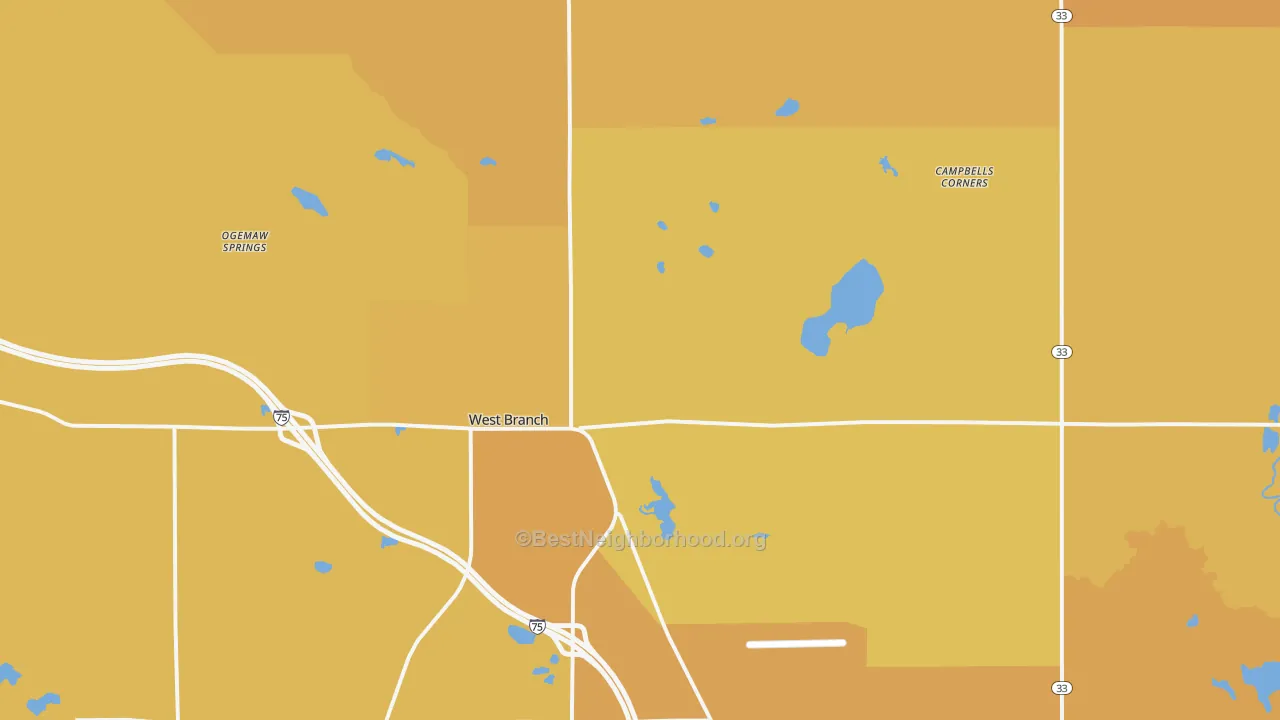 Map of the best neighborhoods in the West Branch area, with better matches in green and worse matches in red