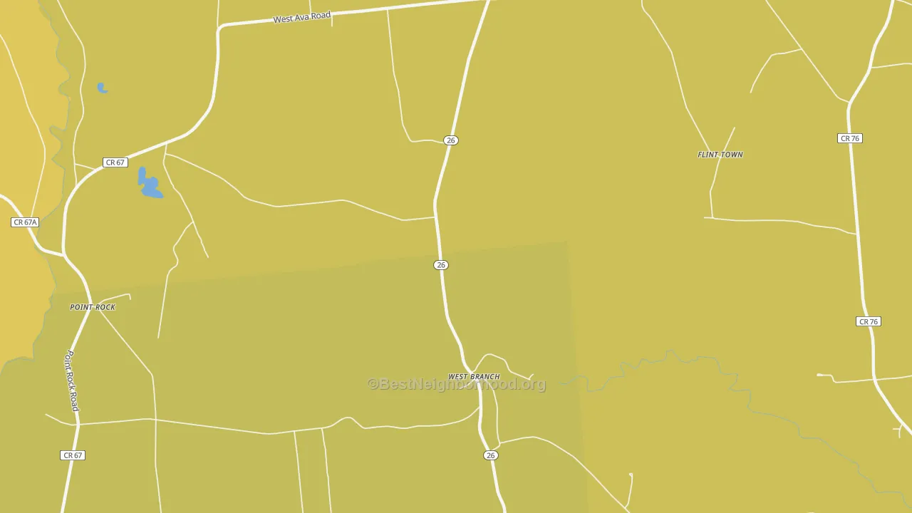 Map of the best neighborhoods in the West Branch area, with better matches in green and worse matches in red
