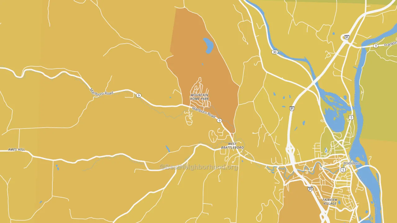 Map of the best neighborhoods in the West Brattleboro area, with better matches in green and worse matches in red