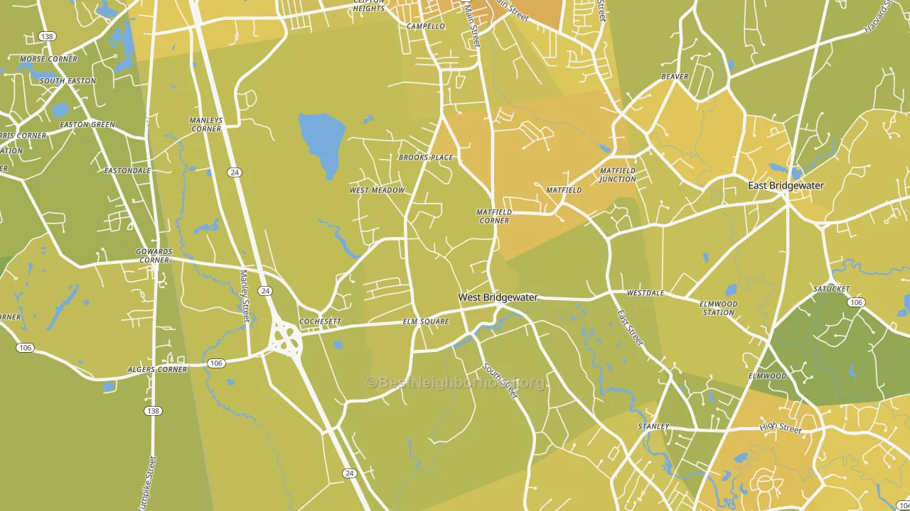 Map of the best neighborhoods in the West Bridgewater area, with better matches in green and worse matches in red