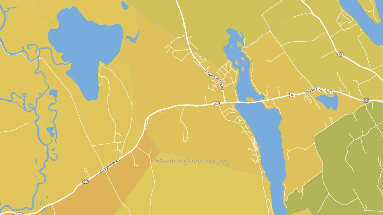 Map of the best neighborhoods in the West Bridgton area, with better matches in green and worse matches in red