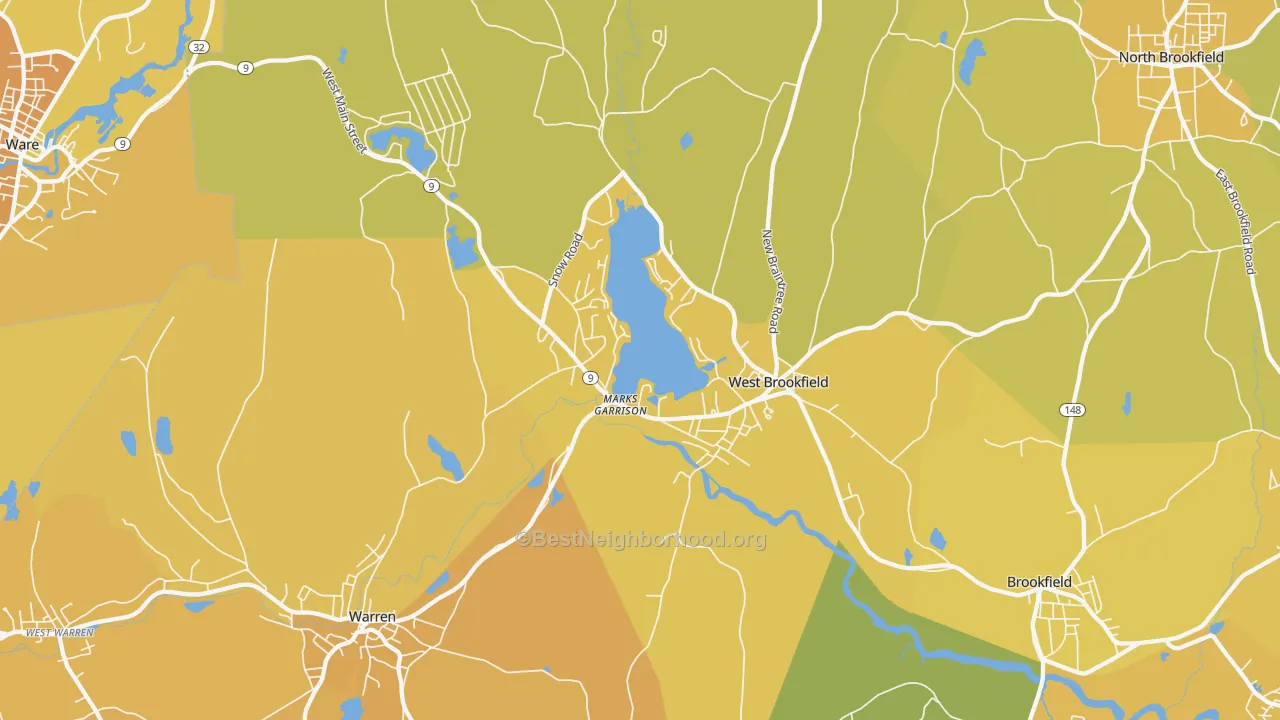 Map of the best neighborhoods in the West Brookfield area, with better matches in green and worse matches in red